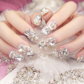 Bling Rhinestone Pearl Bow Press On Nails, Silver Glitter Coffin Fake Nails