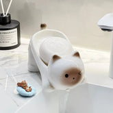 Cute Wink Cat Ceramic Self-Draining Soap Dish, Cartoon Soap Holder with Drain Spout, Cream Style Bathroom Vanity Decor Gift