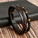 Men’s Layered Leather and Stone Bead Bracelet