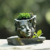 Closed Eye Lady Face Resin Planter Simulated Bark Sculpture Flower Pot, Waterproof Polyresin Succulent Pot for Garden Patio Home Decor, Unique Artistic Ornament Gift for Plant Lovers