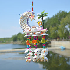 Soothing Sound Handmade Seashell Wind Chime, Premium Weatherproof Coastal Mermaid Deer Wooden House Hanging Ornament, Boho Home Decor Gift