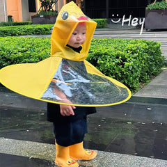 hildren's UFO-style raincoat with a cute yellow duck design—featuring a cape-like fit and an umbrella-style hood; a viral hit on Douyin suitable for boys and girls.