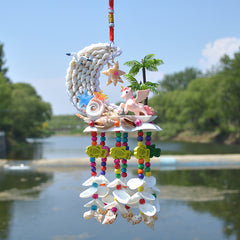 Soothing Sound Handmade Seashell Wind Chime, Premium Weatherproof Coastal Mermaid Deer Wooden House Hanging Ornament, Boho Home Decor Gift