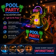 Neon Pool Party DJ Crocodile Garden Light – Outdoor Party Sculpture with LED Glow Decor