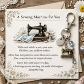 Emotional Support Sewing Machine Keychain, with a Vintage Style Charm featuring a birthstone and an Inspirational Poem Card for Crafters.