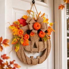 Jack O Lantern Wreath, Rustic Autumn Door Decor, Fall Harvest Decoration