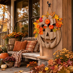 Jack O Lantern Wreath, Rustic Autumn Door Decor, Fall Harvest Decoration