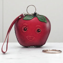 Genuine Handmade Leather Apple-shaped Coin Purse, Wallet , Wristlet ,Smile Face Coin Pouch, Fruit-themed Coin Wallet