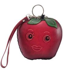 Genuine Handmade Leather Apple-shaped Coin Purse, Wallet , Wristlet ,Smile Face Coin Pouch, Fruit-themed Coin Wallet