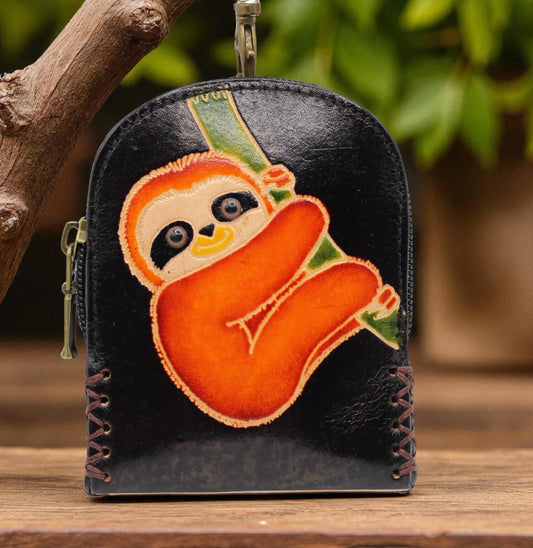 Embrace Style and Functionality with the Handmade Genuine Leather Sloth Mini Backpack Wristlet – Coin Purse, Wallet & Change Holder