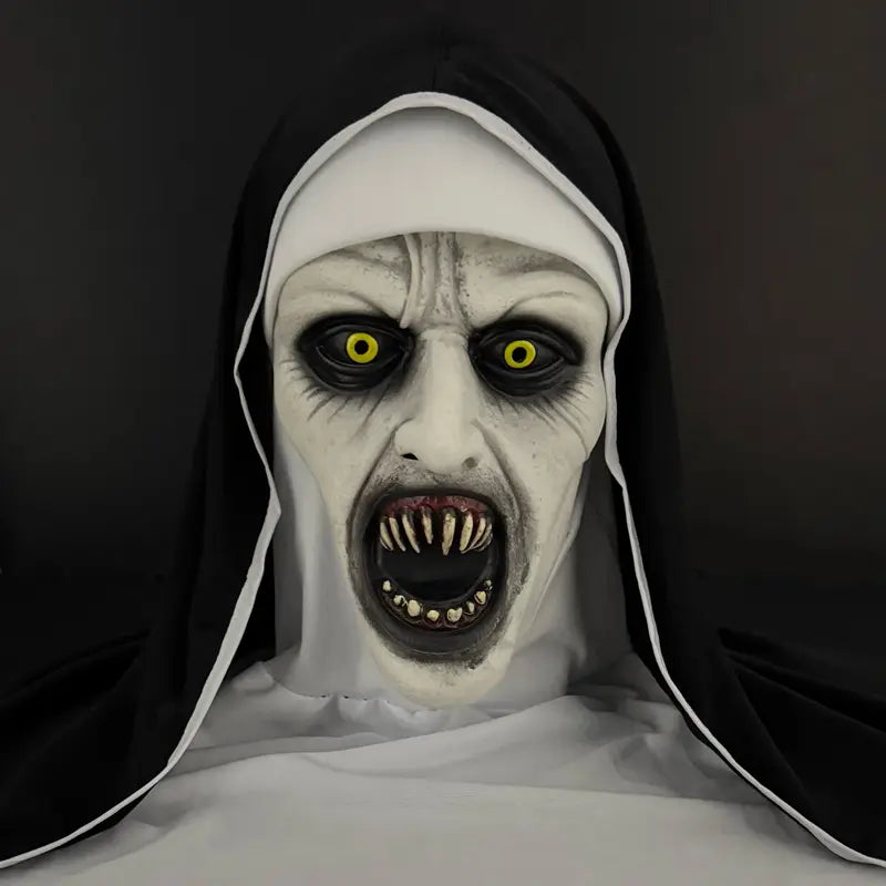 Scary Demonic Nun Latex Mask, Horror Halloween Cosplay Mask with Glowing Yellow Eyes Sharp Fangs for Haunted House Party
