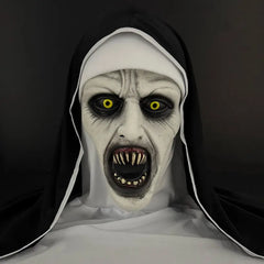 Scary Demonic Nun Latex Mask, Horror Halloween Cosplay Mask with Glowing Yellow Eyes Sharp Fangs for Haunted House Party