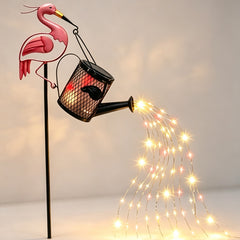 Solar Flamingo Watering Can Garden Stake Light, Waterproof Metal Waterfall String Lights Outdoor Yard Pathway Decor