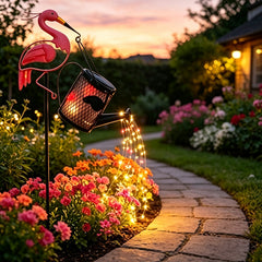 Solar Flamingo Watering Can Garden Stake Light, Waterproof Metal Waterfall String Lights Outdoor Yard Pathway Decor