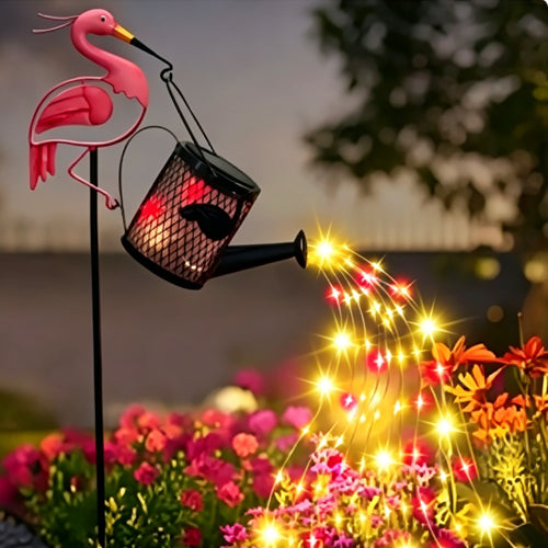 Solar Flamingo Watering Can Garden Stake Light, Waterproof Metal Waterfall String Lights Outdoor Yard Pathway Decor
