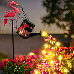 Solar Flamingo Watering Can Garden Stake Light, Waterproof Metal Waterfall String Lights Outdoor Yard Pathway Decor
