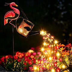 Solar Flamingo Watering Can Garden Stake Light, Waterproof Metal Waterfall String Lights Outdoor Yard Pathway Decor
