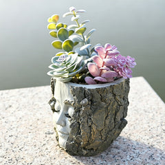 Closed Eye Lady Face Resin Planter Simulated Bark Sculpture Flower Pot, Waterproof Polyresin Succulent Pot for Garden Patio Home Decor, Unique Artistic Ornament Gift for Plant Lovers