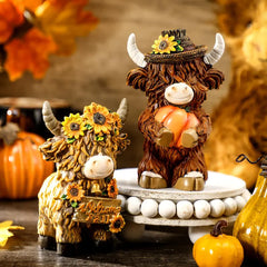 Autumn Sunflower Highland Cow Figurine Fall Gift