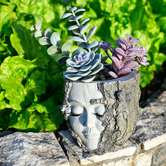 Closed Eye Lady Face Resin Planter Simulated Bark Sculpture Flower Pot, Waterproof Polyresin Succulent Pot for Garden Patio Home Decor, Unique Artistic Ornament Gift for Plant Lovers