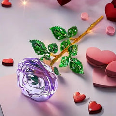 Pink Crystal Rose Ornament with Gilded Rhinestone Leaves, Eternal Never Fade Flower Table Decor, Luxury Romantic Gift for Valentine’s Day Anniversary Wedding