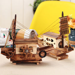 Wooden Sailboat Mechanical Music Box, Retro Coastal Desktop Decor Gift