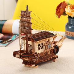Wooden Sailboat Mechanical Music Box, Retro Coastal Desktop Decor Gift