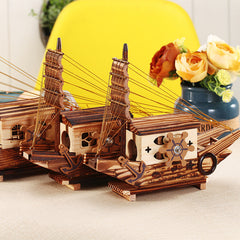 Wooden Sailboat Mechanical Music Box, Retro Coastal Desktop Decor Gift