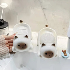 Cute Wink Cat Ceramic Self-Draining Soap Dish, Cartoon Soap Holder with Drain Spout, Cream Style Bathroom Vanity Decor Gift