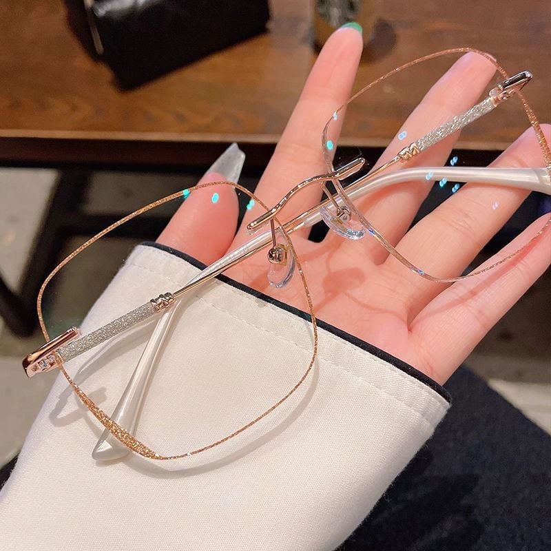 Women'S Large Frame Diamond Rimless Anti-Blue Light Presbyopia Glasses