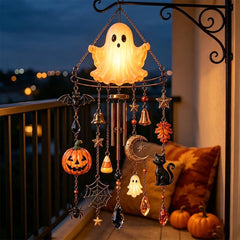 Glow-in-the-Dark Ghost Halloween Wind Chime, Lighted Ghost Wind Chime with Hanging Bells, Halloween Outdoor Hanging Decor for Porch Patio Garden Tree Yard