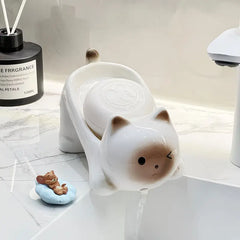 Cute Wink Cat Ceramic Self-Draining Soap Dish, Cartoon Soap Holder with Drain Spout, Cream Style Bathroom Vanity Decor Gift