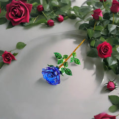 Pink Crystal Rose Ornament with Gilded Rhinestone Leaves, Eternal Never Fade Flower Table Decor, Luxury Romantic Gift for Valentine’s Day Anniversary Wedding