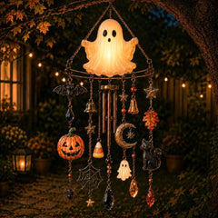 Glow-in-the-Dark Ghost Halloween Wind Chime, Lighted Ghost Wind Chime with Hanging Bells, Halloween Outdoor Hanging Decor for Porch Patio Garden Tree Yard