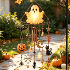 Glow-in-the-Dark Ghost Halloween Wind Chime, Lighted Ghost Wind Chime with Hanging Bells, Halloween Outdoor Hanging Decor for Porch Patio Garden Tree Yard