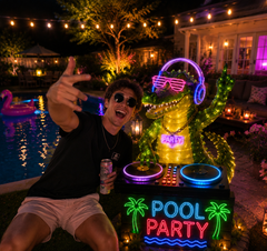 Neon Pool Party DJ Crocodile Garden Light – Outdoor Party Sculpture with LED Glow Decor