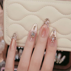 Luxury Champagne Rhinestone Nude Almond Press On Nails, Handmade Reusable False Nail Tips