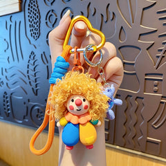 Cute Cool Frizzy Clown Plush Keychain Fluffy Curly Hair Doll Bag Charm Mini Cartoon Pendant Key Ring Gift for Women Girls