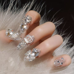 Bling Rhinestone Pearl Bow Press On Nails, Silver Glitter Coffin Fake Nails