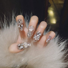 Bling Rhinestone Pearl Bow Press On Nails, Silver Glitter Coffin Fake Nails