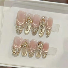 Luxury Champagne Rhinestone Nude Almond Press On Nails, Handmade Reusable False Nail Tips