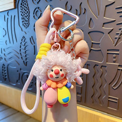 Cute Cool Frizzy Clown Plush Keychain Fluffy Curly Hair Doll Bag Charm Mini Cartoon Pendant Key Ring Gift for Women Girls