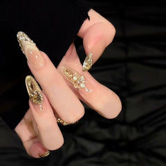 Luxury Champagne Rhinestone Nude Almond Press On Nails, Handmade Reusable False Nail Tips