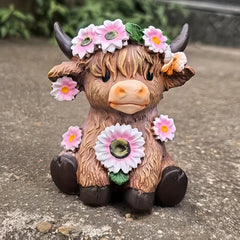 Cute Floral Highland Cow Resin Ornament, Dual Purpose Pen Holder & Mini Succulent Plant Pot, Rustic Desktop Decor Gift for Students Garden Lovers