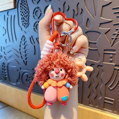 Cute Cool Frizzy Clown Plush Keychain Fluffy Curly Hair Doll Bag Charm Mini Cartoon Pendant Key Ring Gift for Women Girls