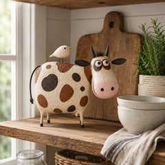 Whimsical Cow & Bird Folk Art Figurine