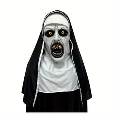 Scary Demonic Nun Latex Mask, Horror Halloween Cosplay Mask with Glowing Yellow Eyes Sharp Fangs for Haunted House Party