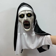 Scary Demonic Nun Latex Mask, Horror Halloween Cosplay Mask with Glowing Yellow Eyes Sharp Fangs for Haunted House Party