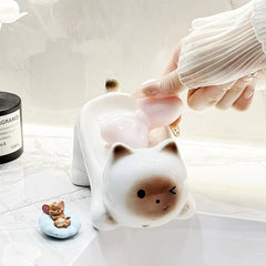 Cute Wink Cat Ceramic Self-Draining Soap Dish, Cartoon Soap Holder with Drain Spout, Cream Style Bathroom Vanity Decor Gift