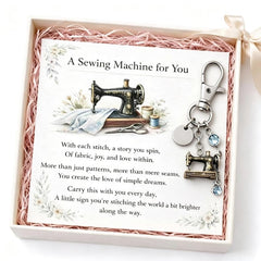 Emotional Support Sewing Machine Keychain, with a Vintage Style Charm featuring a birthstone and an Inspirational Poem Card for Crafters.